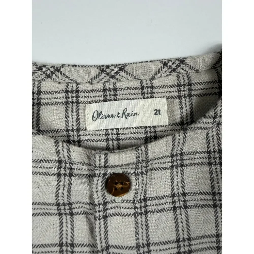 Oliver & Rain Plaid Collarless Button Down Shirt Cream Gray Size 2